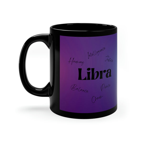 Libra Woman Mug. Zodiac Libra Scales. Moon and Stars. Celestial Black and Purple 11oz Black Mug