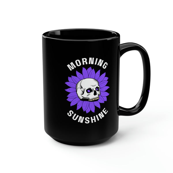 Morning Sunshine Purple and White Skull Black Mug, 15oz