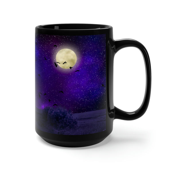Moon and Stars Black Mug, Large 15 oz. Real Picture Graphic. Blue and Purple. Birds and Moon and Stars.
