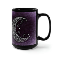 Moon Mug Large 15 Oz Black. Purple and Black Moon and Stars Mug Zentangle Graphic Design.