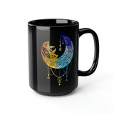 Moon, Sun and Stars Crystal, Celestial Whimsical Dream Catcher Graphic Black Mug, 15oz
