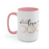 Mush Love Black and White with Pink Two-Toned Mug with Moon and Sun Graphic. Large White Coffee or Tea Mug holds 15 oz with choice of pink or black Accent.
