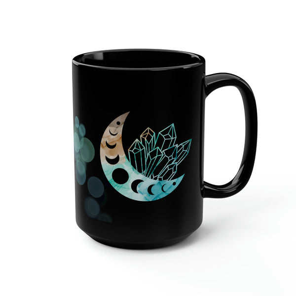 Moon and Stars Crystal, Celestial Whimsical Graphic Black Mug, 15oz
