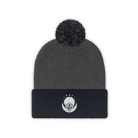 Lotus Flower with Moon White Embroidered Graphic Pom Pom Beanie Hat.