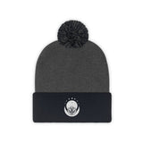 Lotus Flower with Moon White Embroidered Graphic Pom Pom Beanie Hat.