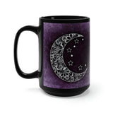 Moon Mug Large 15 Oz Black. Purple and Black Moon and Stars Mug Zentangle Graphic Design.