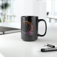Whimsical Moon and Stars with Crystals and Feathers Colorful Graphic Black Mug, 15oz