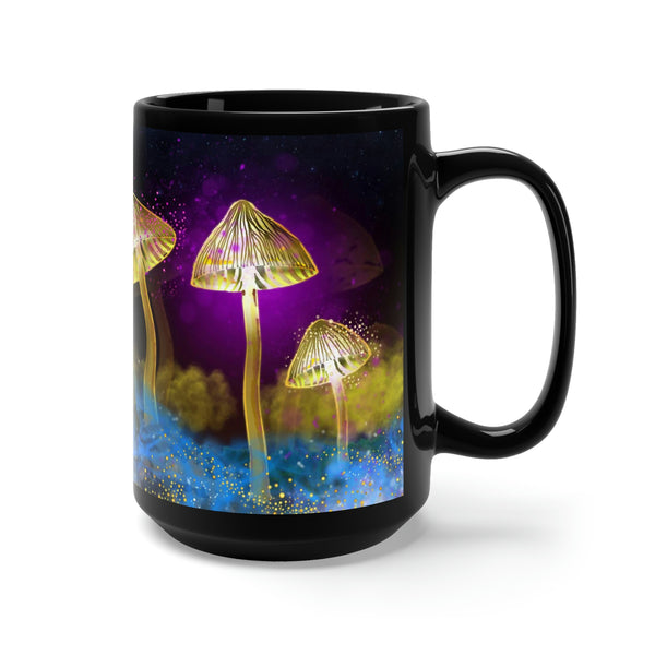 Glowing Magic Mushrooms Mug. Large 15 oz, Black Mug. Trippy Mug. Psychedelic.