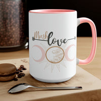 Mush Love Pink and White Two-Toned Mug with Moon and Sun Graphic. Large White Coffee or Tea Mug holds 15 oz with choice of pink or black Accent.