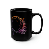 Whimsical Moon and Stars with Crystals and Feathers Colorful Graphic Black Mug, 15oz