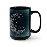 Moon and Stars Mug. Turquoise, Green and Black Zentangle Graphic. Large 15 oz. Coffee, Tea or Beverage Black Mug.