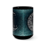 Moon and Stars Mug. Turquoise, Green and Black Zentangle Graphic. Large 15 oz. Coffee, Tea or Beverage Black Mug.