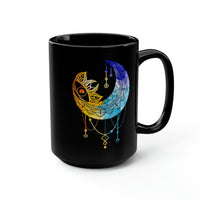Moon, Sun and Stars Crystal, Celestial Whimsical Dream Catcher Graphic Black Mug, 15oz
