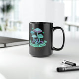 Free Your Mind Green and Purple Magic Mushroom Black Mug 15 oz.  Psychedelic Coffee Mug. Mushroom Tea Mug.