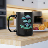 Free Your Mind Green and Purple Magic Mushroom Black Mug 15 oz.  Psychedelic Coffee Mug. Mushroom Tea Mug.
