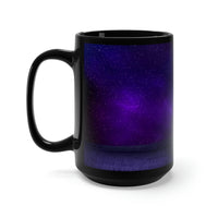 Moon and Stars Black Mug, Large 15 oz. Real Picture Graphic. Blue and Purple. Birds and Moon and Stars.