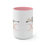 Mush Love Pink and White Two-Toned Mug with Moon and Sun Graphic. Large White Coffee or Tea Mug holds 15 oz with choice of pink or black Accent.